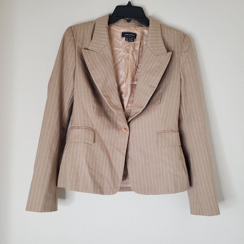Zara Woman Tan Blazer Striped One Button 44% Wool Size 8 Made In Spain